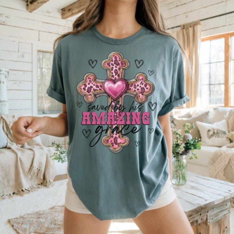 Saved by his amazing grace pink leopard cross 87749 DTF transfer