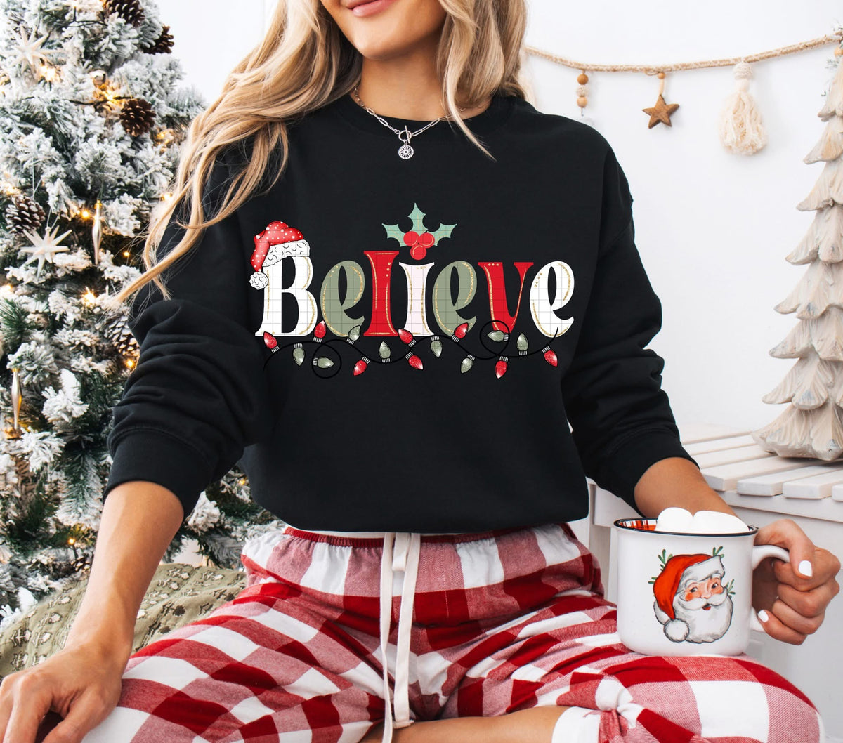 Believe Red Santa Hat (mint white and red letters) (Linda) DTF Transfer