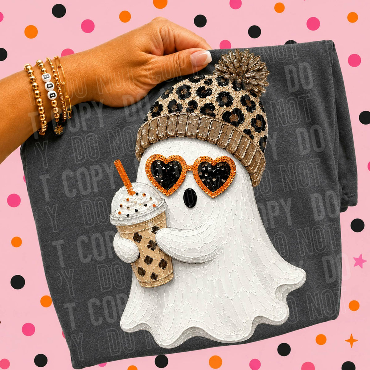 Ghost with leopard sparkly bobbin and coffee Tuesday Deal DTF