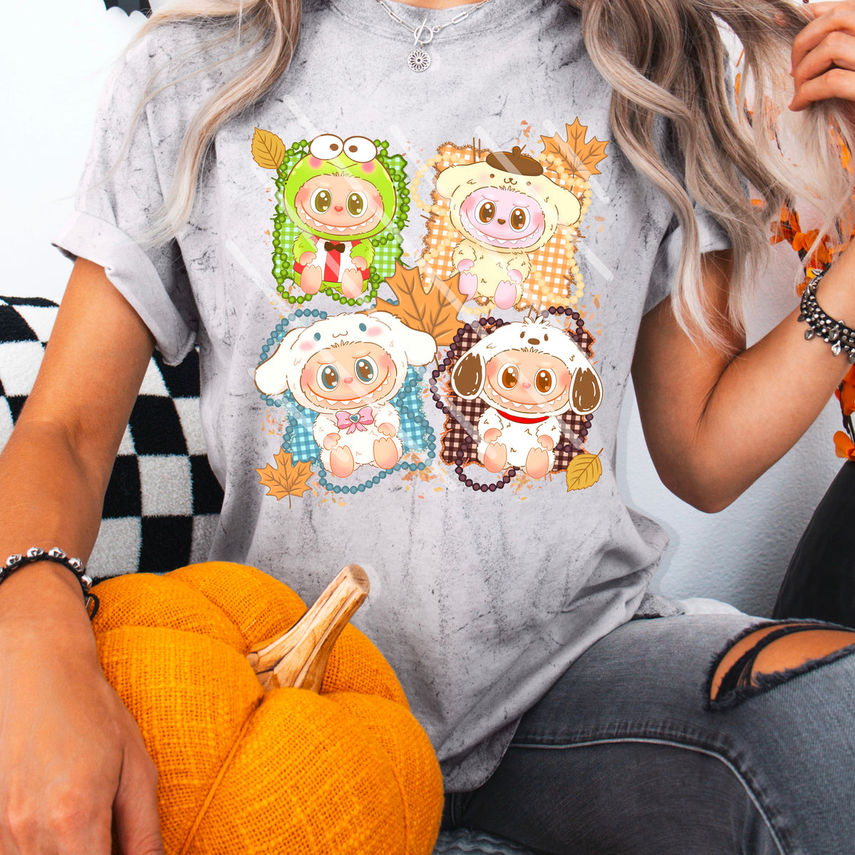 Fall creepy dolls plaid frames with leaves 110970 DTF transfer