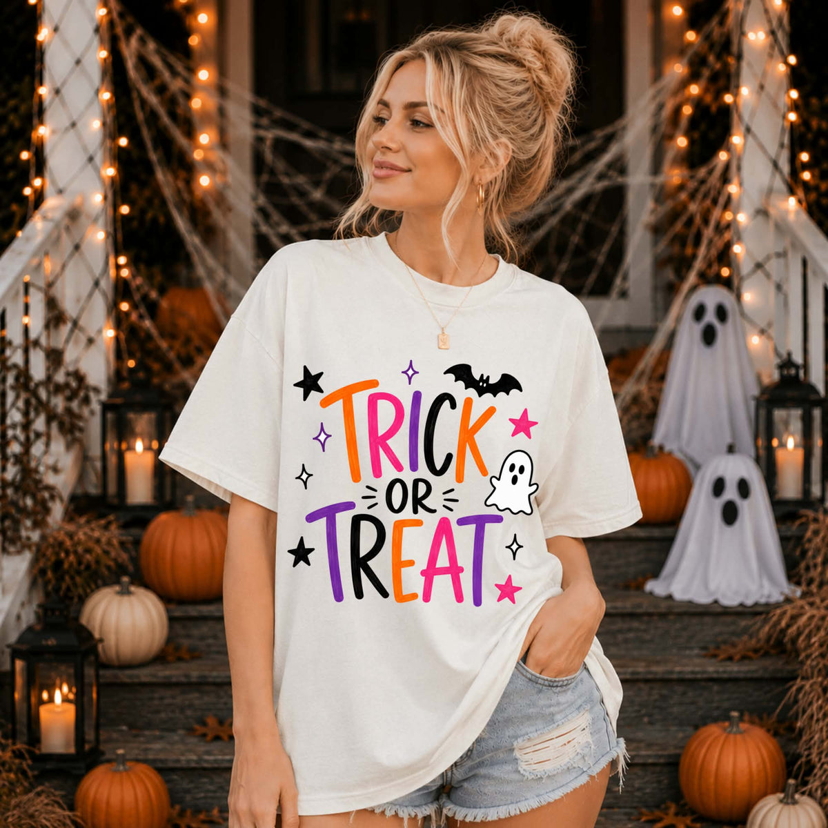Trick or treat (ghost and bat) Sunday Special DTF transfer