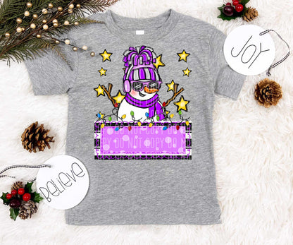 Snowman purple name tag yellow stars (caplinger) 73053 DTF transfer