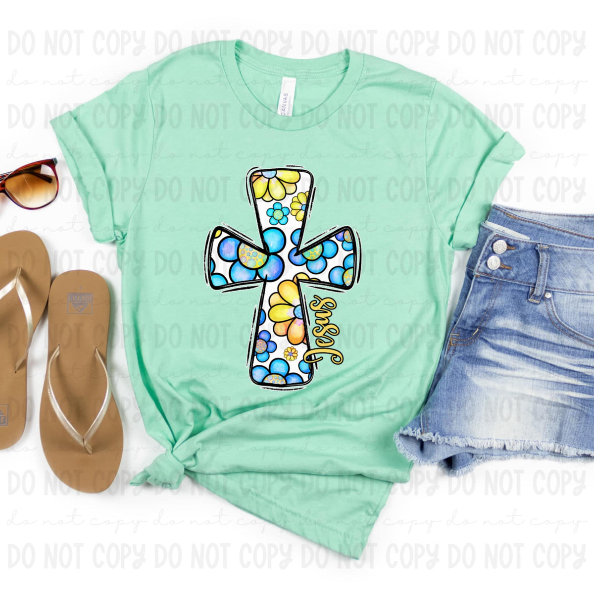 Jesus blue and yellow floral cross (REVEL) 91217 DTF transfer