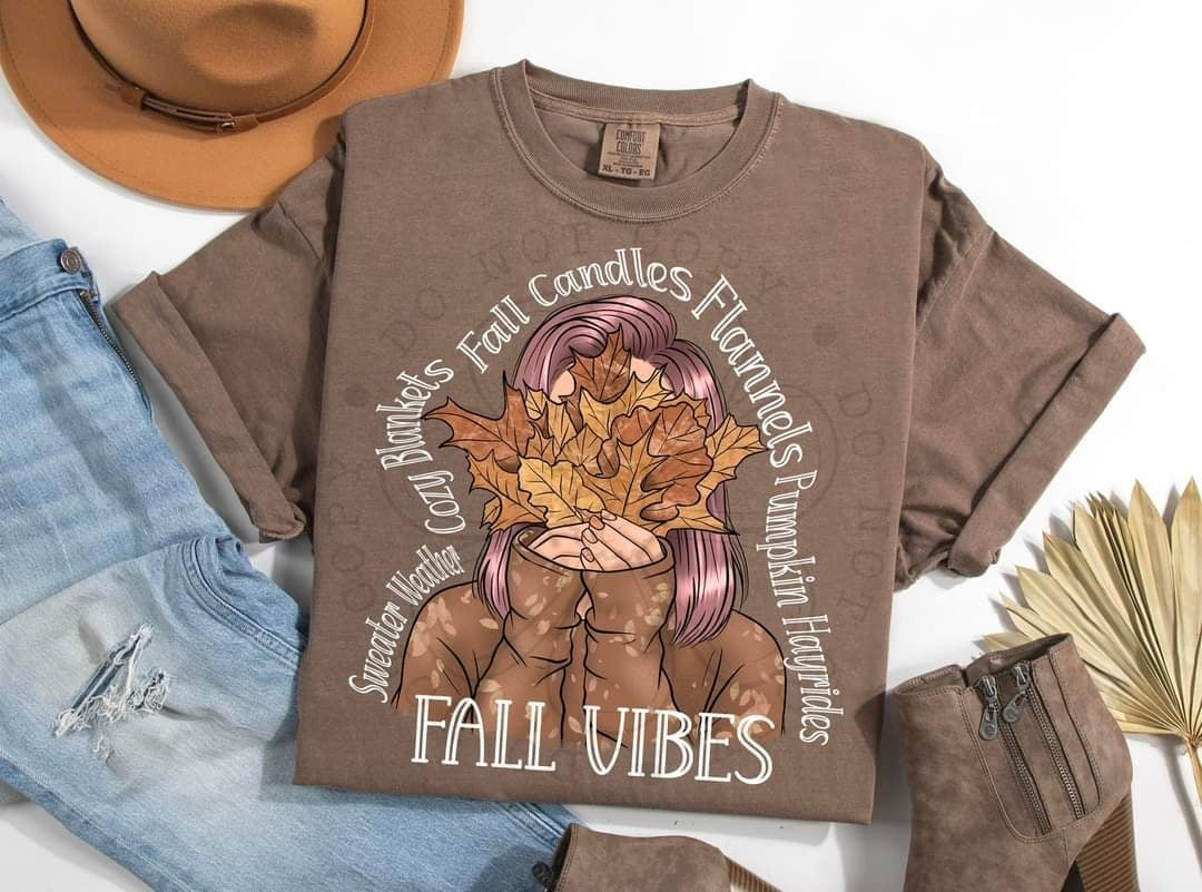 Fall vibes WHITE font pink hair girl (DDD) 58522 DTF transfer