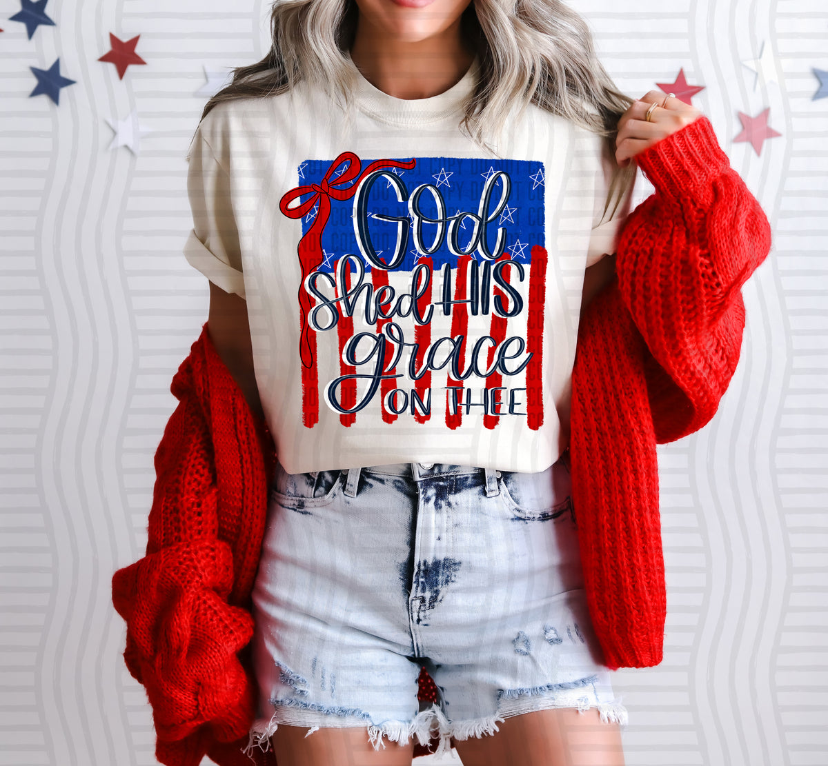 god shed his grace on thee flag background with red bow (caplinger) DTF Transfer