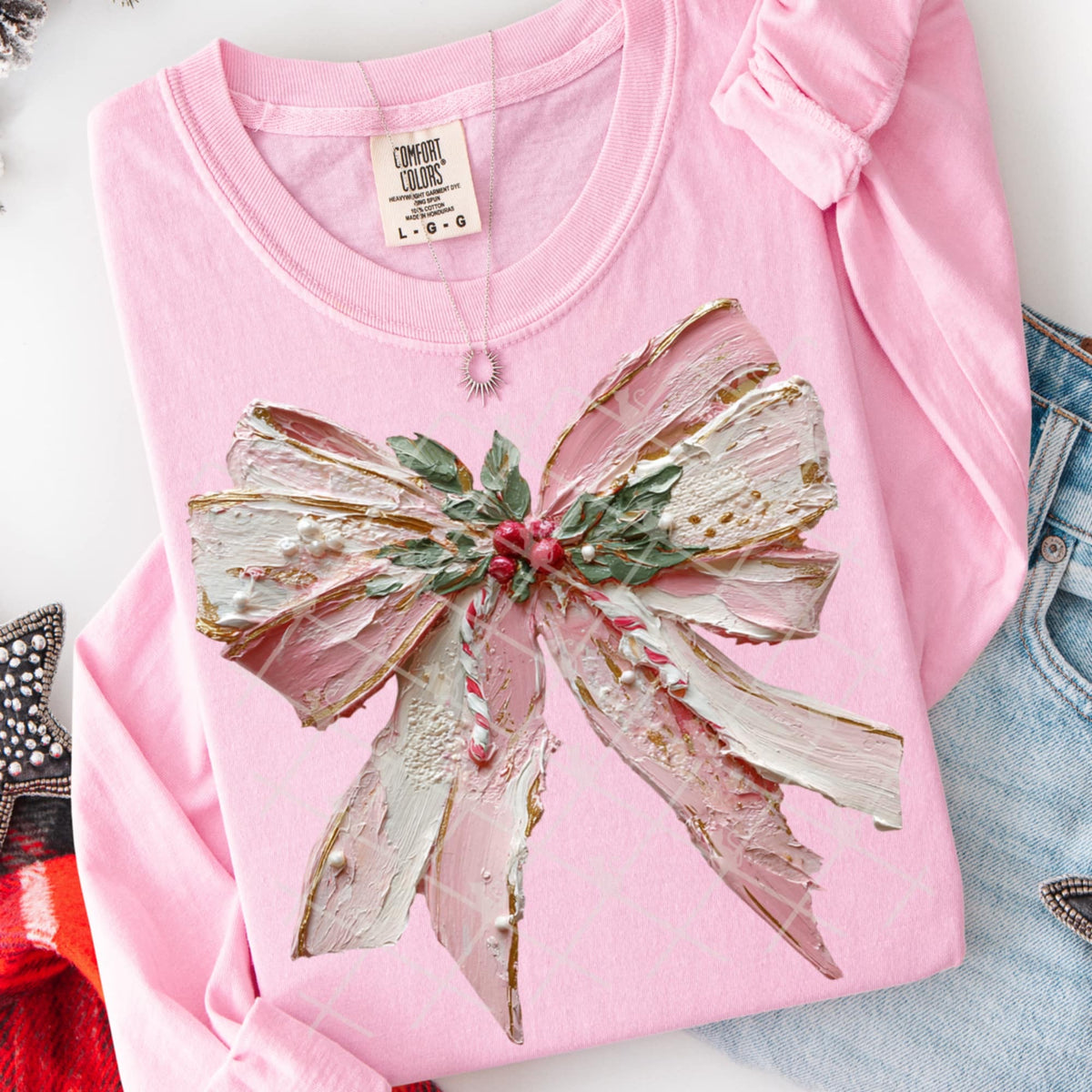 Faux Paint Pink Christmas Bow (TTD) DTF Transfer