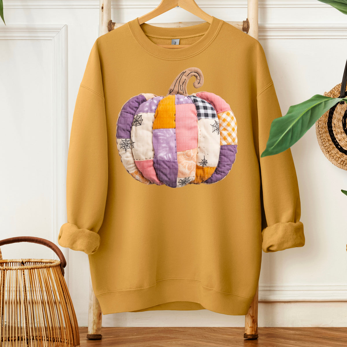 Faux Fabric pumpkin with patchwork (pink orange and purple) 113348 DTF transfer