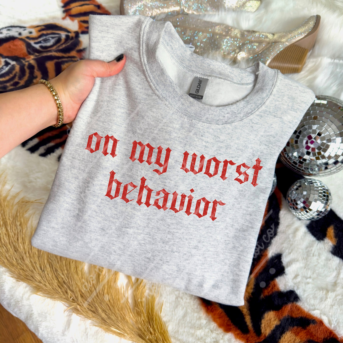 On my worst behavior red (scarlow) DTF transfer
