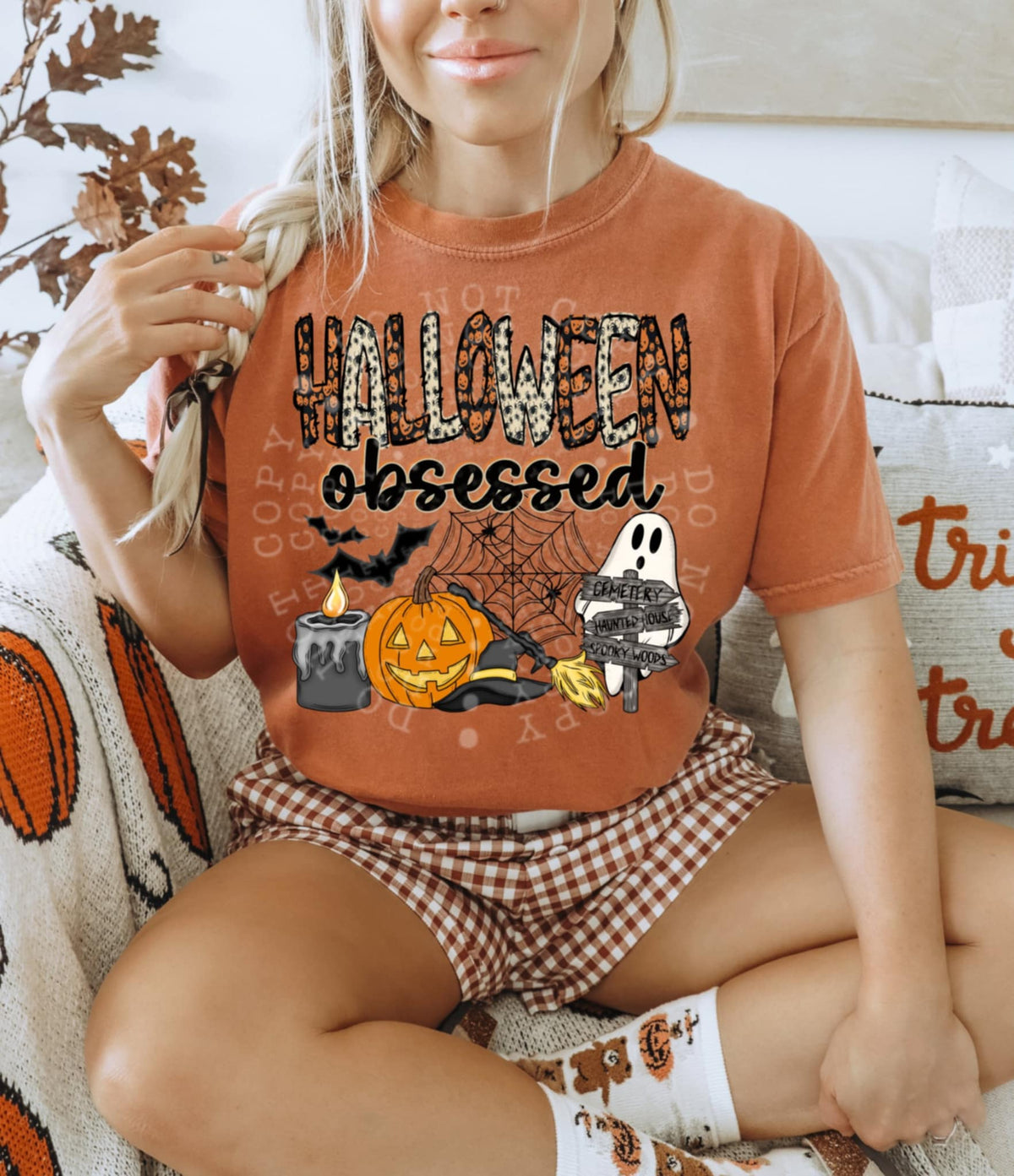 Halloween Obsessed pumpkin and ghost DD DTF transfer