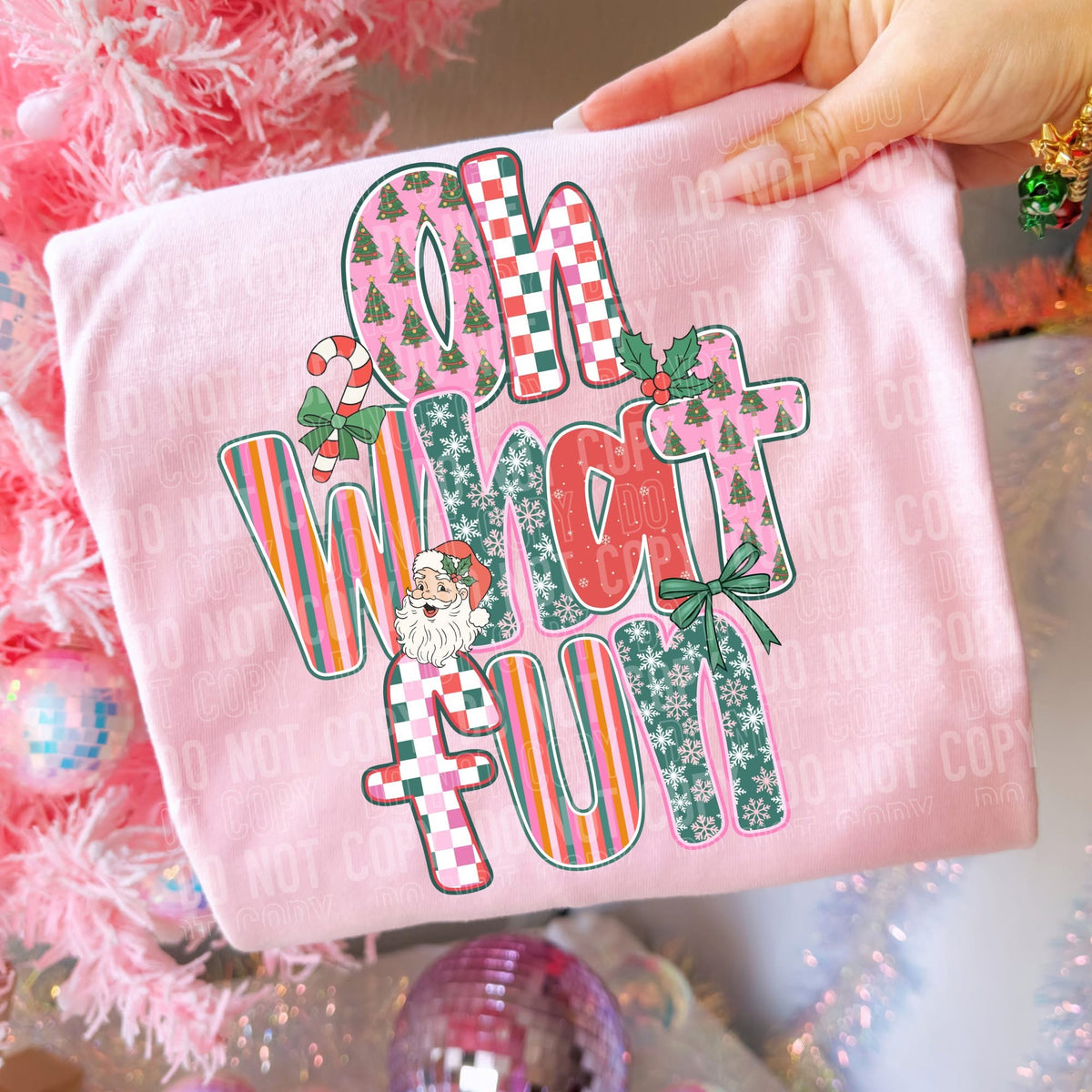 Oh What Fun checker stripe Christmas font (SBB) DTF Transfer