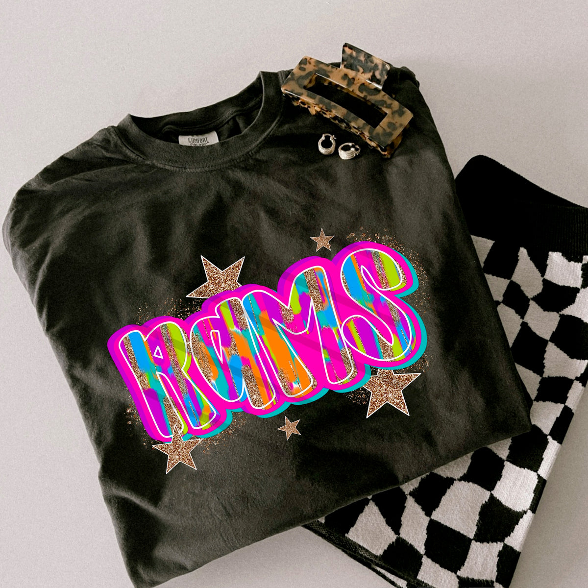 Rams rainbow Mascot glitter gold stars scarlow 110379 DTF transfer