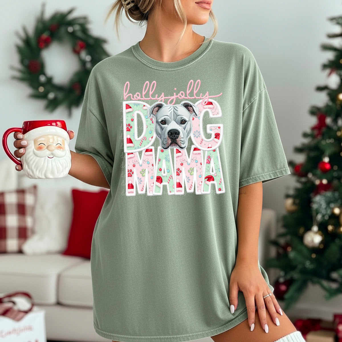 Pitbull white Holly Jolly Dog Mama 115627 DTF Transfer