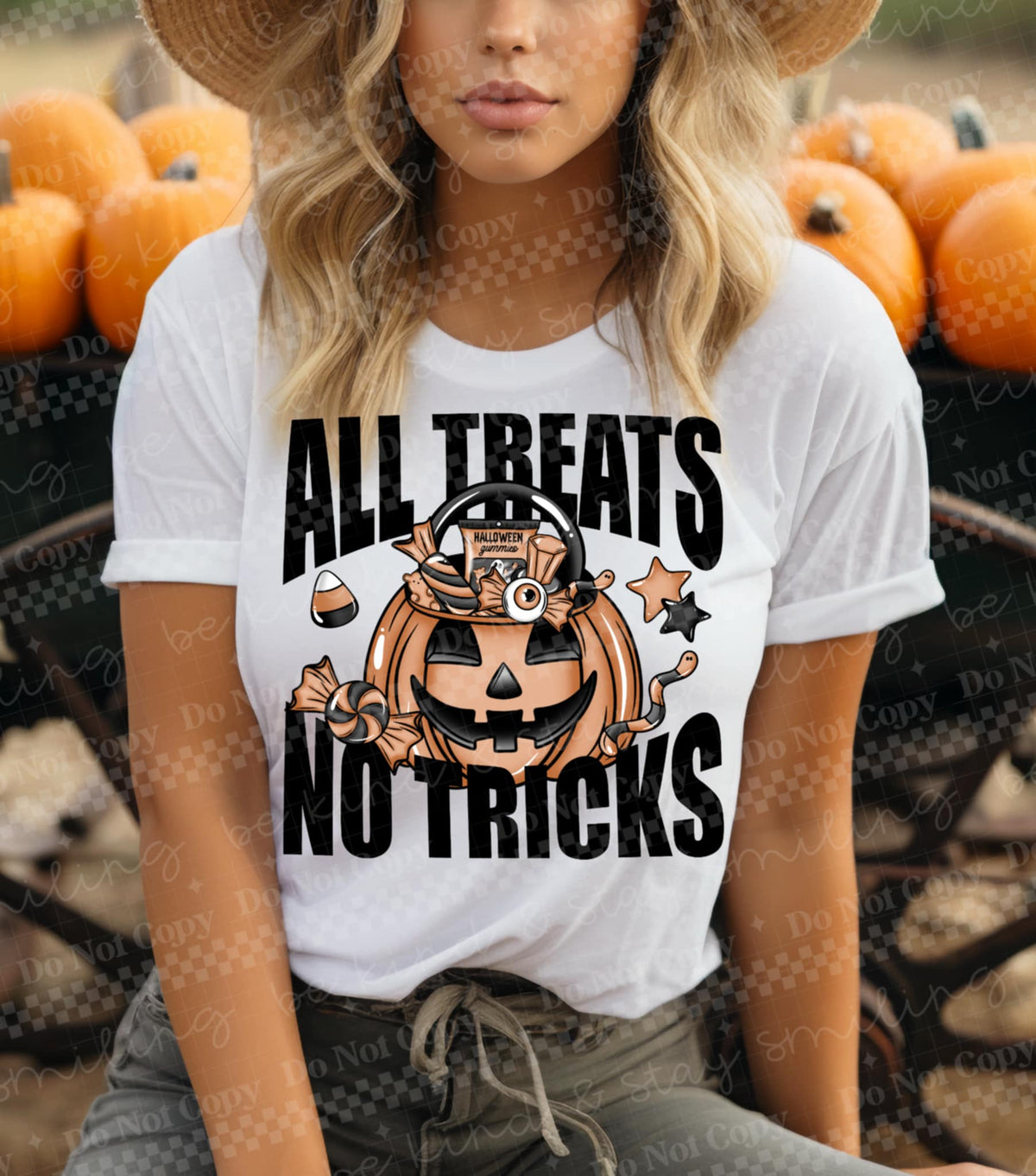 All Tricks no Treats pumpkin bucket and candy (two peas) DTF transfer