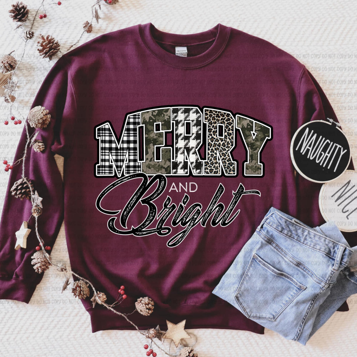 Merry and bright camo and plaid (REVEL) white DTF transfer