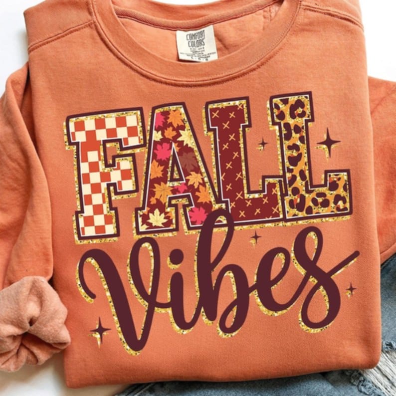 Fall Vibes with checker leaf and leopard letters 111173 DTF transfer