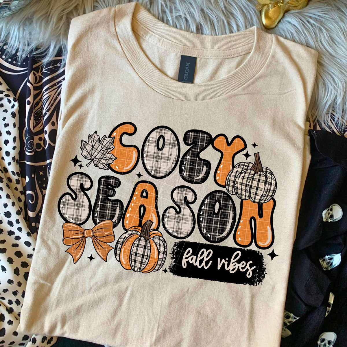 Cozy Season with plaid letters bows and pumpkins CSC DTF transfer