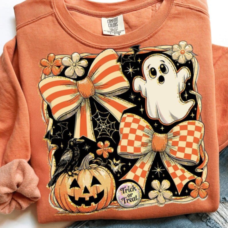 Stripe and Checker bow frame with ghost and pumpkin 111179 DTF transfer