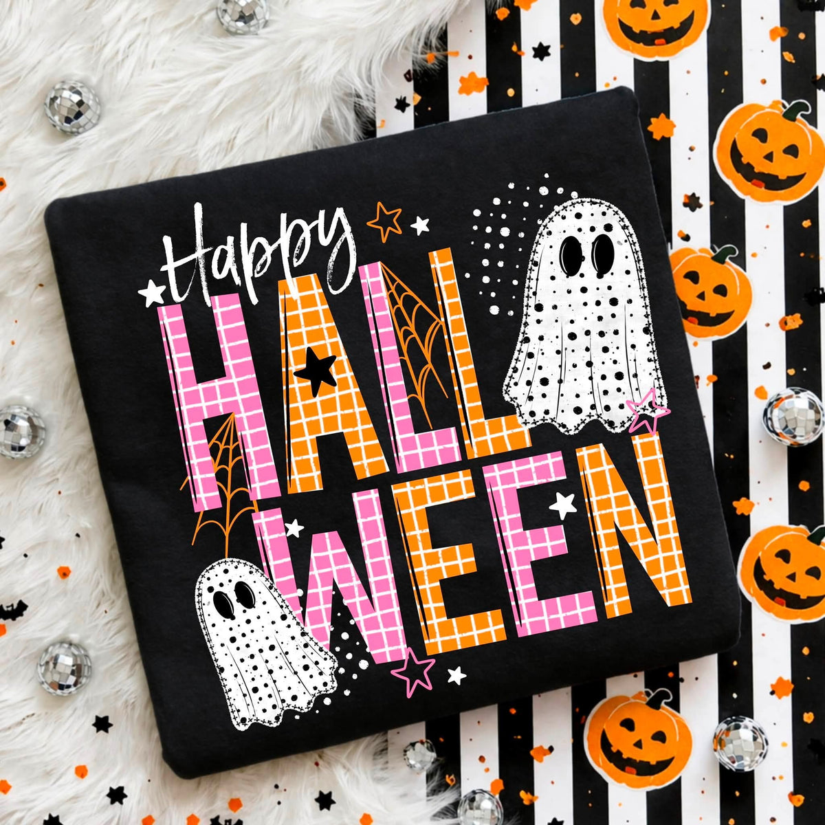 Happy Halloween pink and orange plaid SUNDAY SPECIAL DTF transfer