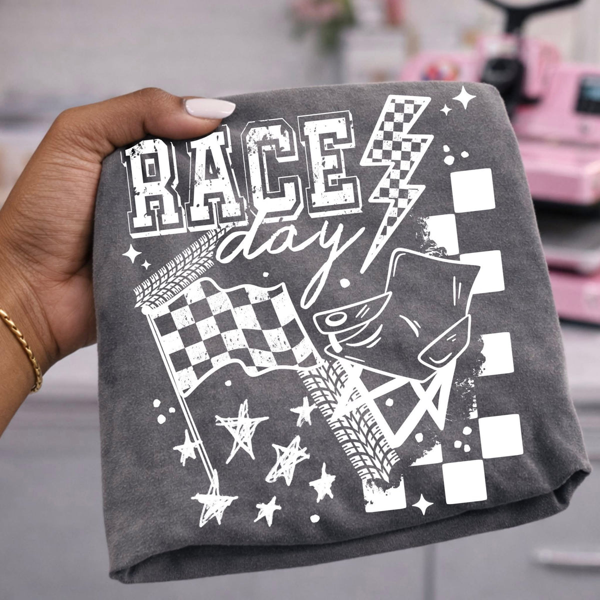 Race day with flag and chair WHITE (CSC) DTF Transfer