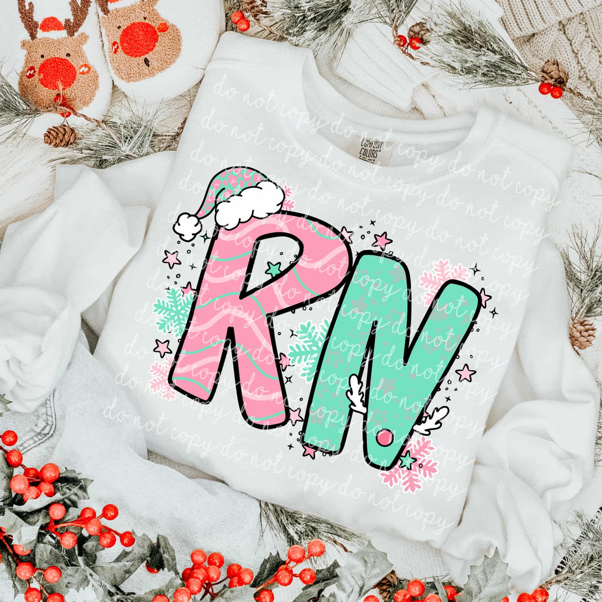 RN Mint and Pink Christmas letters DTF transfer