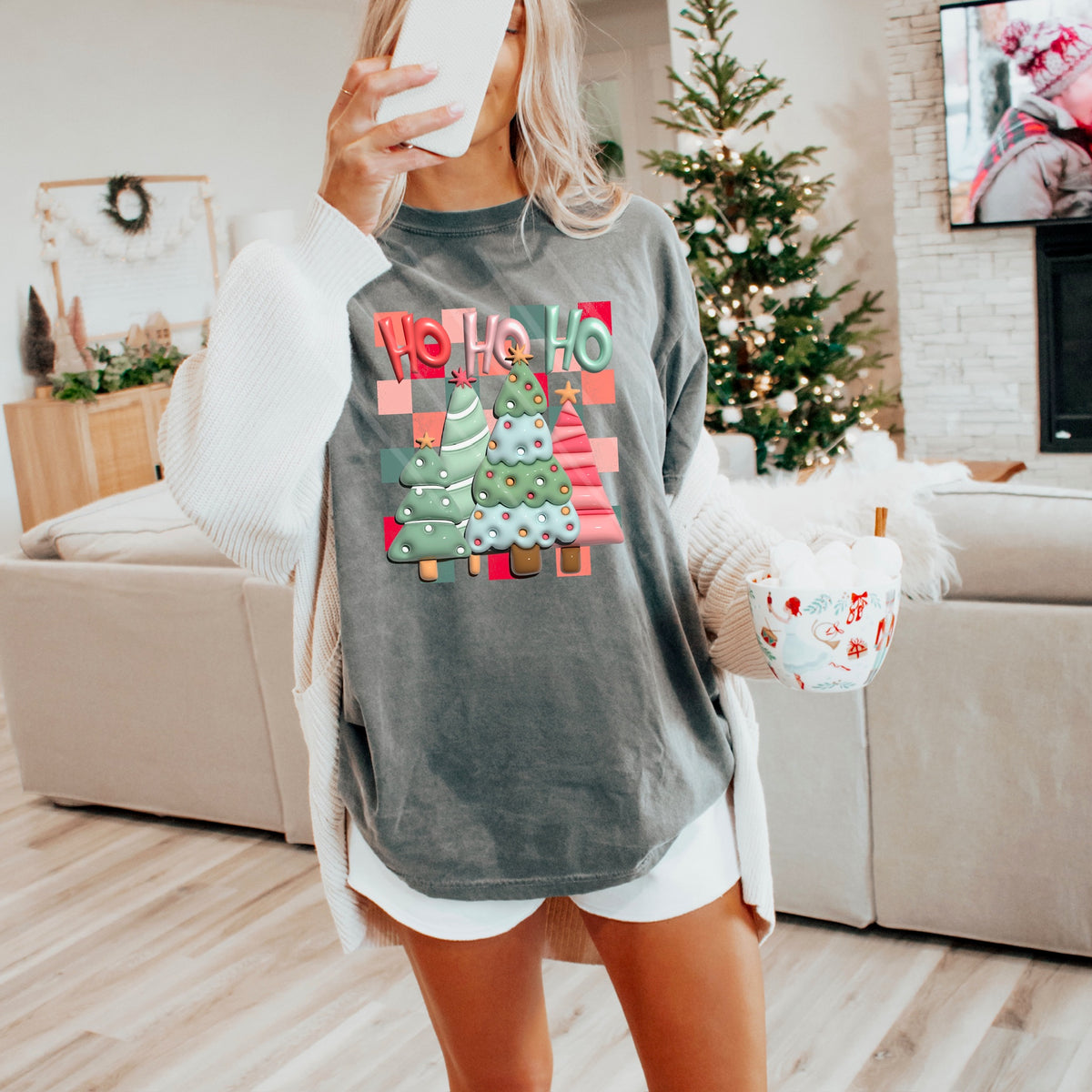 Ho Ho Ho Bubble Style Red and pink with trees 111591 DTF transfer