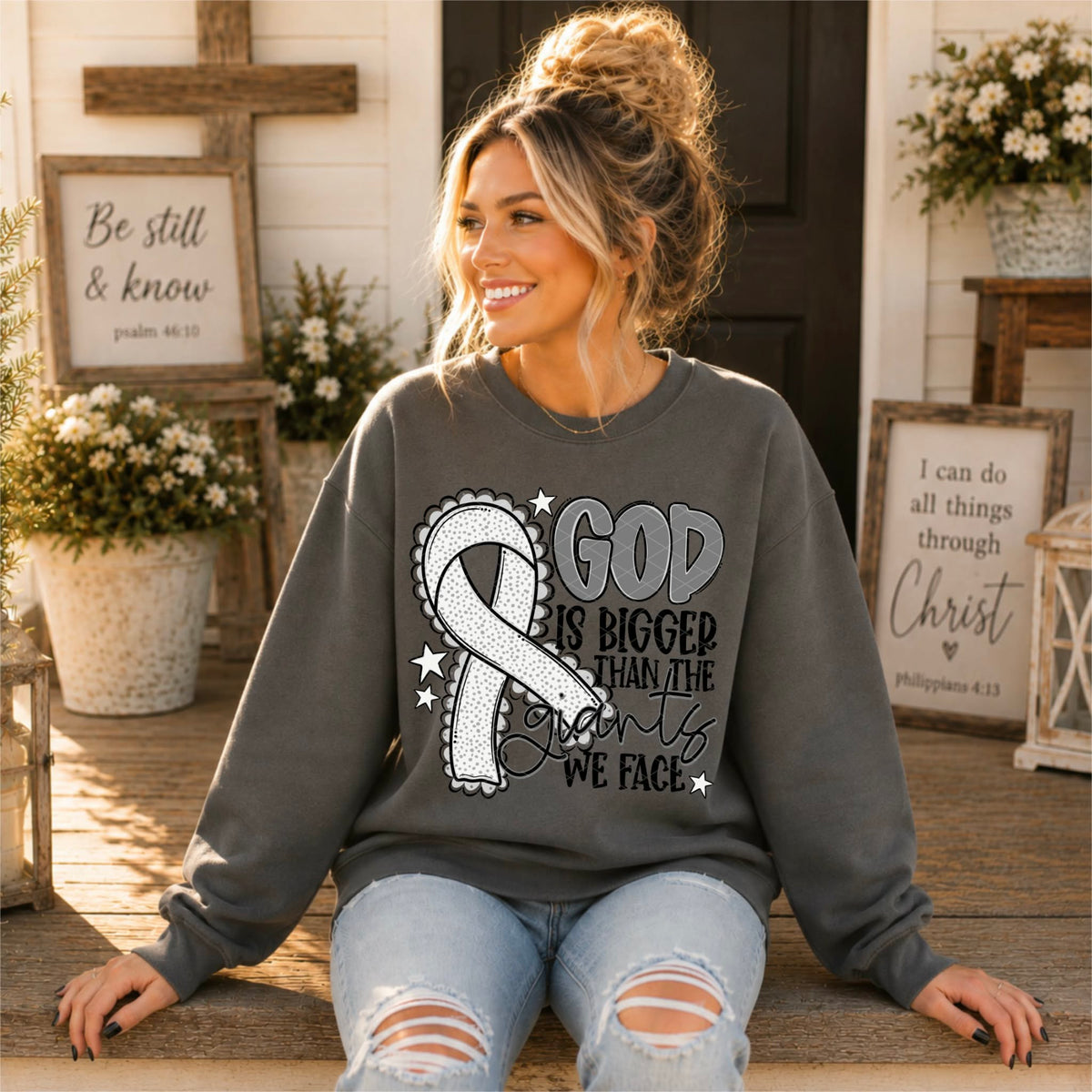 God is bigger than the giants we face WHITE ribbon (SDD) DTF Transfer
