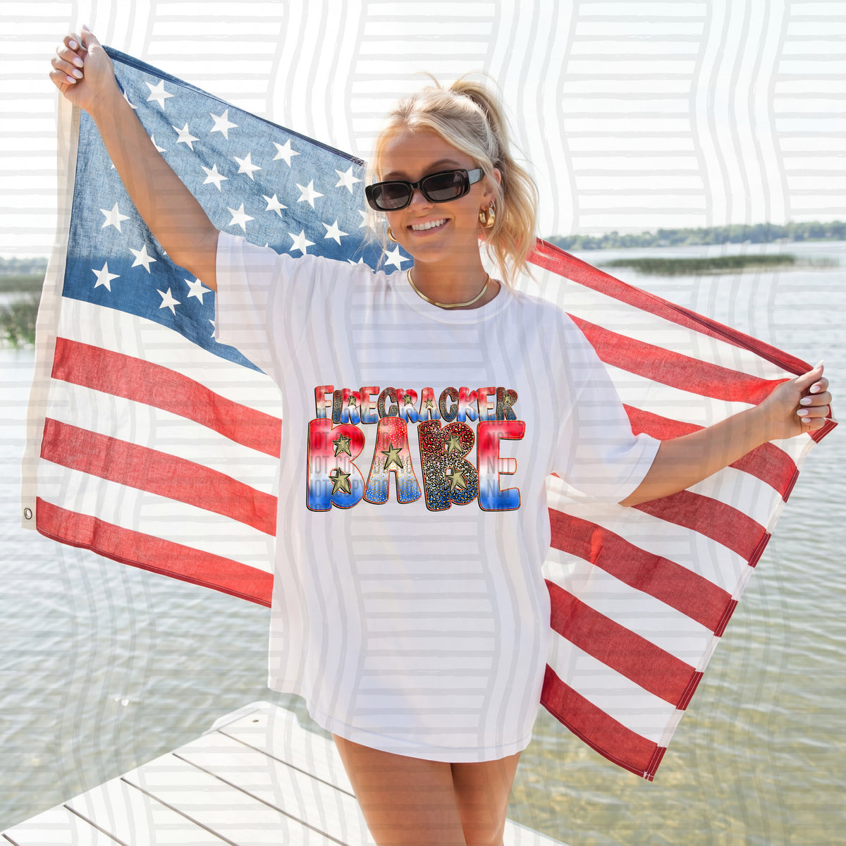 firecracker babe patriotic red white blue gold (caplinger) DTF Transfer