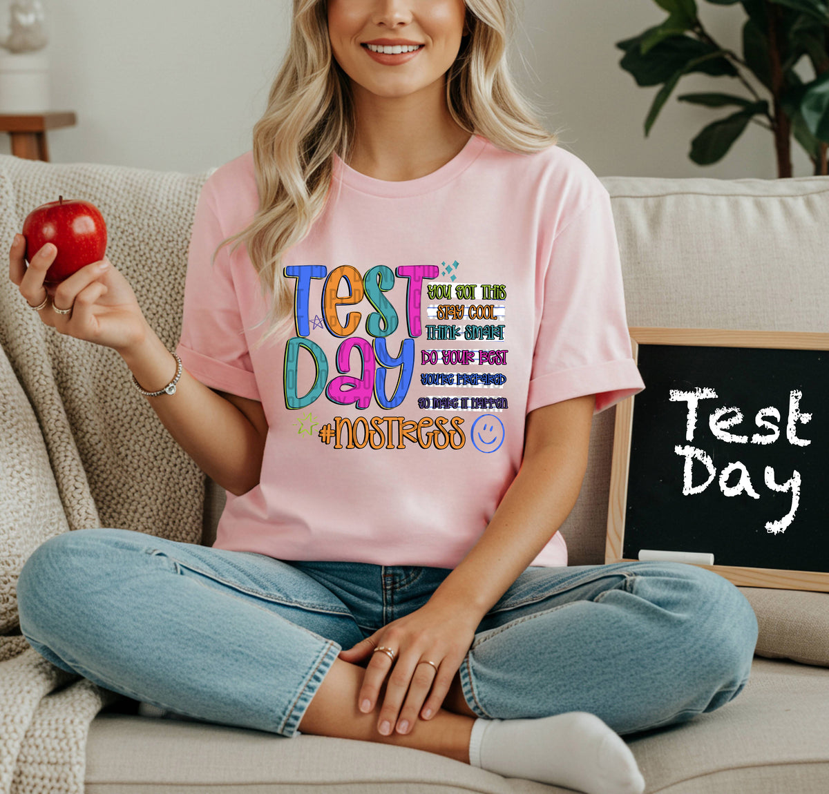 Test day list multicolored happy face (Caplinger) DTF transfer