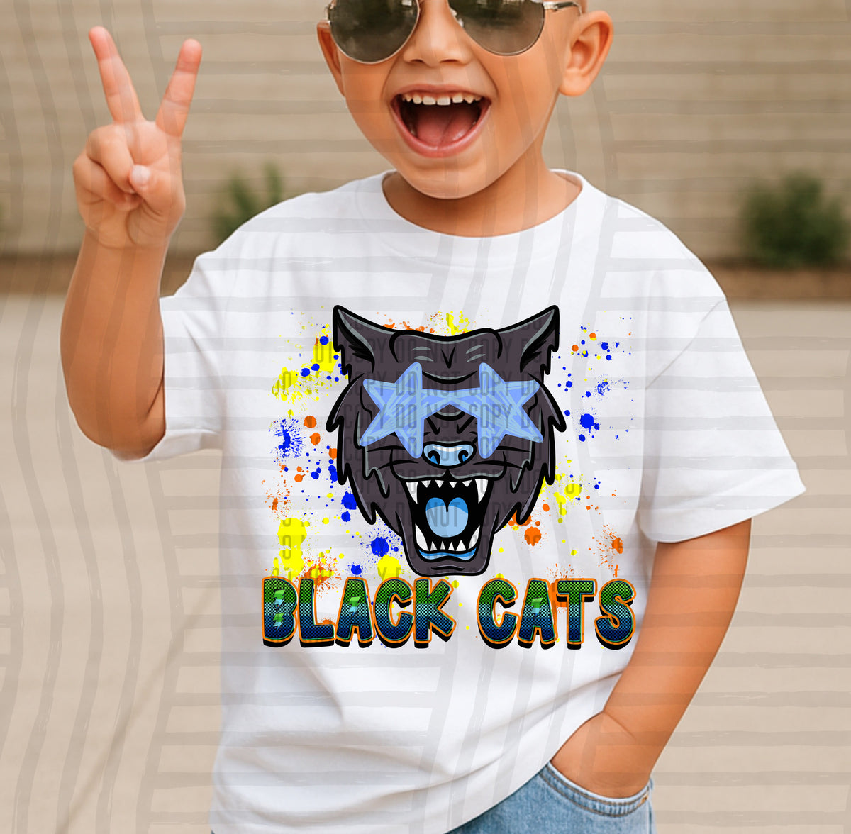 cats paint splatter boy blue green and yellow (Caplinger) DTF Transfer