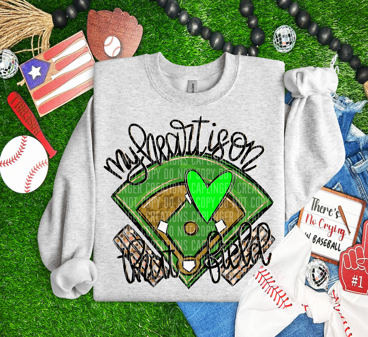 My heart is on that field BASEBALL Lime Green heart (Caplinger) DTF transfer