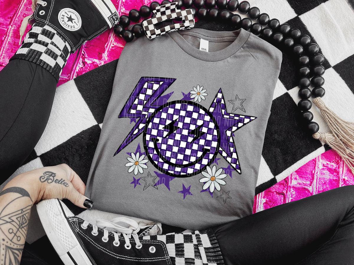 Checkered Smiley Bolt and Star PURPLE (Caplinger) DTF transfer