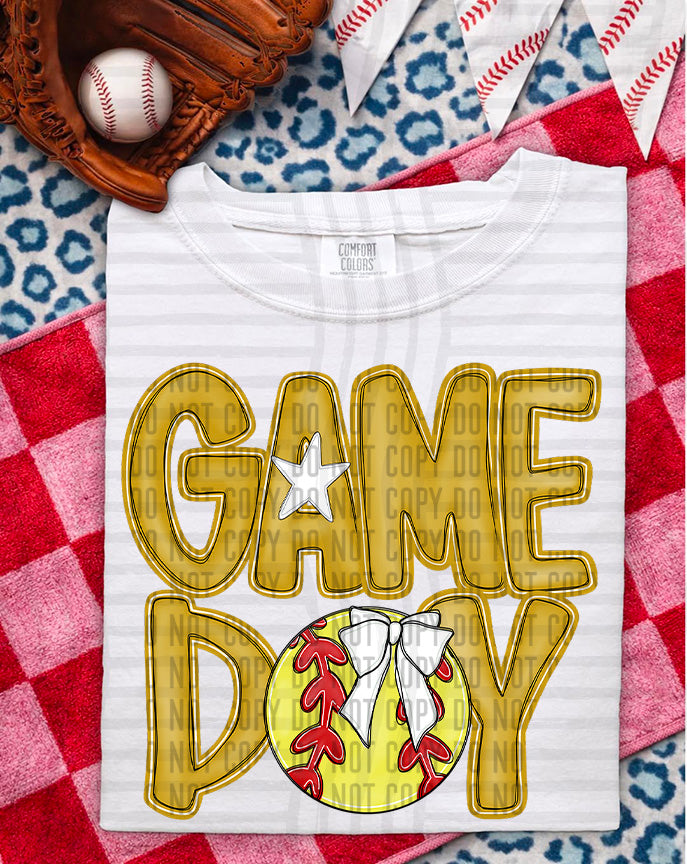 gold game day baseball white bow (Caplinger) DTF Transfer