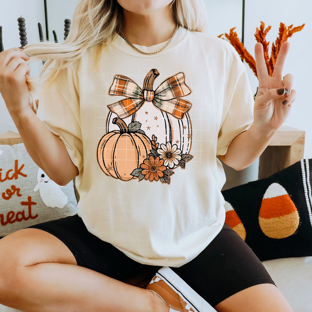 Orange and White Pumpkins with plaid bow 113769 DTF transfer