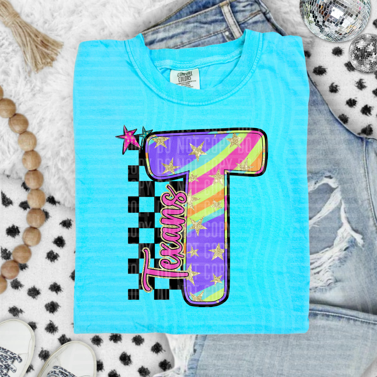 Texans Colorful Retro Rainbow Letter T With Stars And Checker 108155 DTF transfer