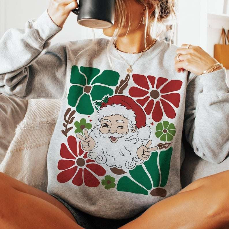 Santa with red and green flowers 67514 DTF transfer