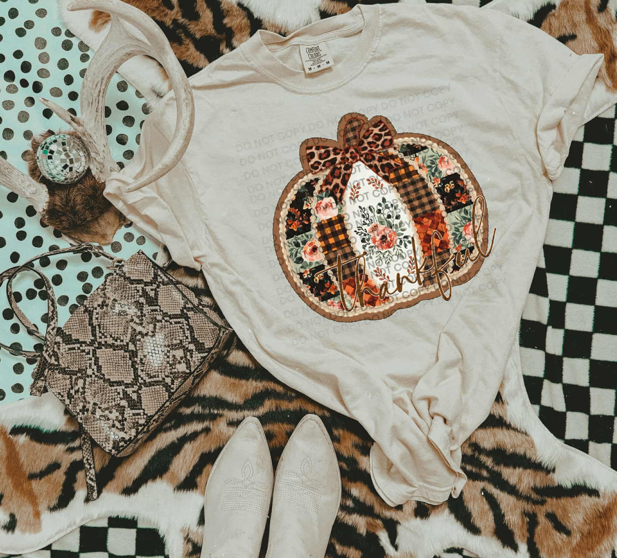Thankful Patchwork Pumpkin with leopard bow SCG DTF transfer