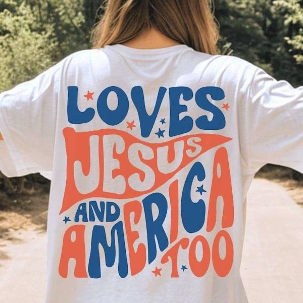 Loves Jesus and America too orange and blue (KARTA) 64022 DTF transfer