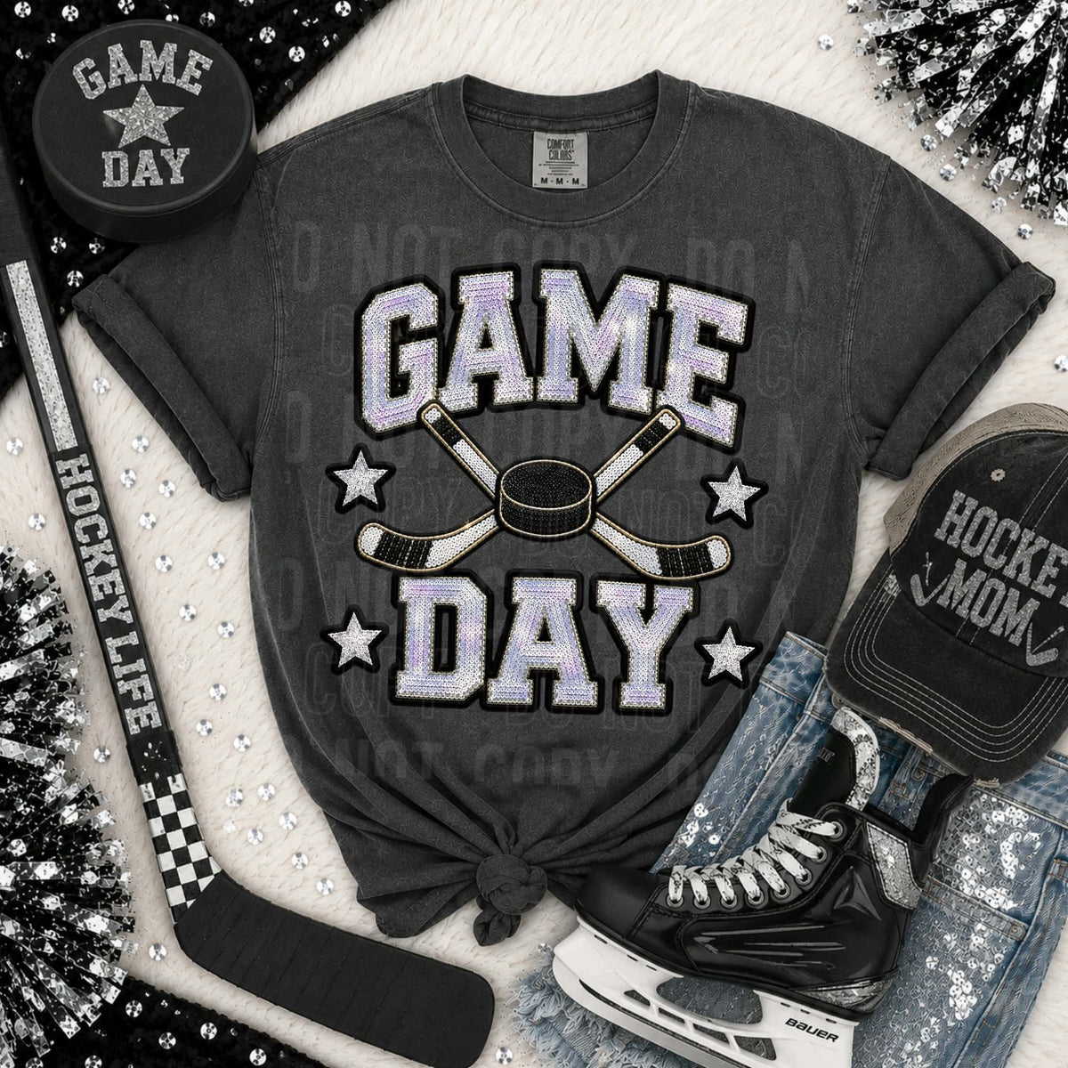Game day hockey silver sequins SBB DTF Transfer