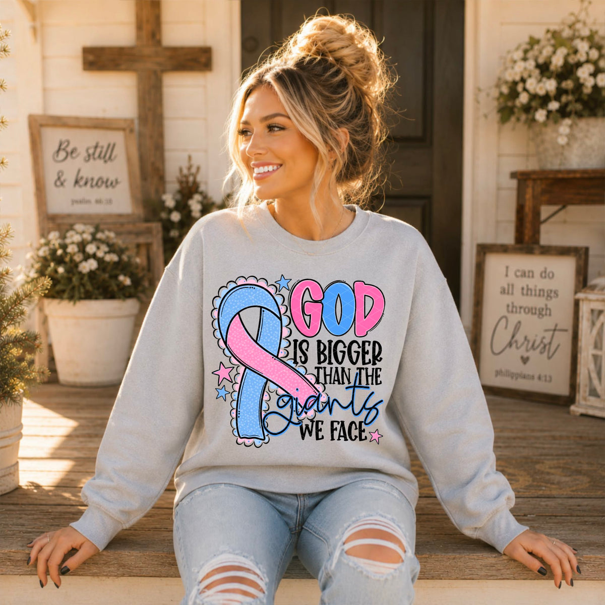 God is bigger than the giants we face PINK BLUE  ribbon blue writing (SDD) DTF Transfer