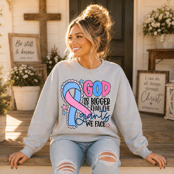 God is bigger than the giants we face PINK BLUE  ribbon blue writing (SDD) DTF Transfer
