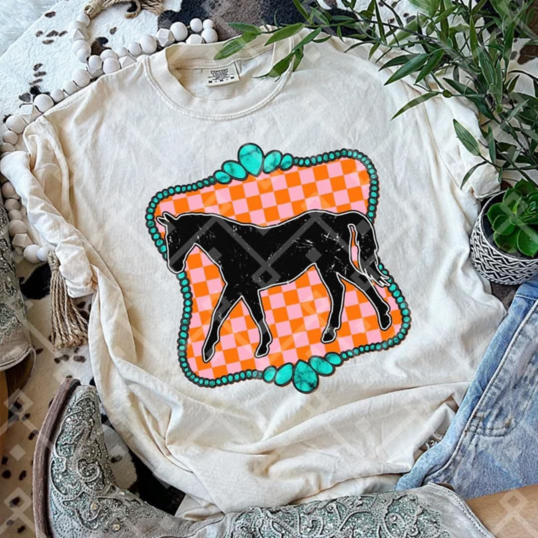 Horse with orange checkered background (CRAFTI) 91089 DTF transfer