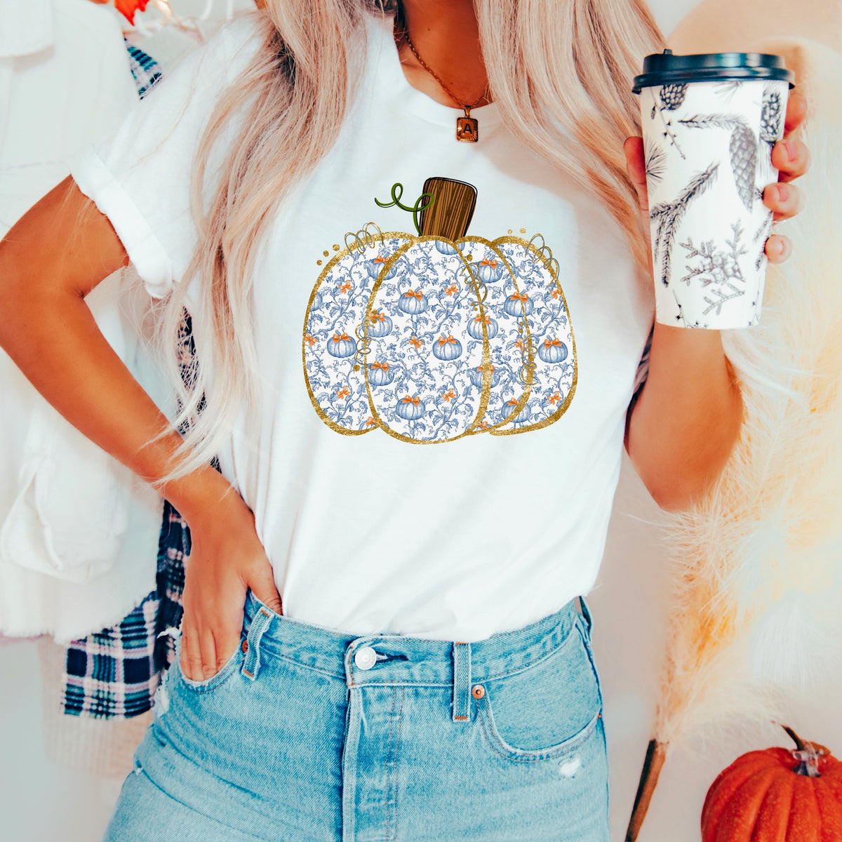 Blue Floral Pumpkin DTF transfer