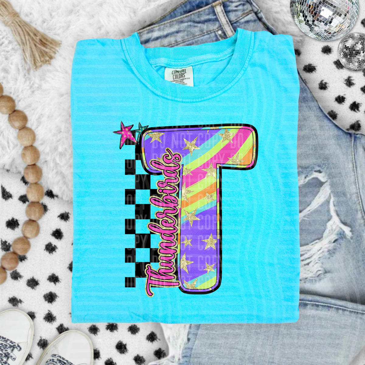 Thunderbirds Colorful Retro Rainbow Letter T With Stars And Checker 108156 DTF transfer