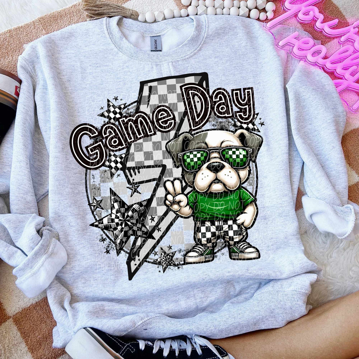 Game day bulldog green shirt lightning bolt (CITY) 52551 DTF transfer