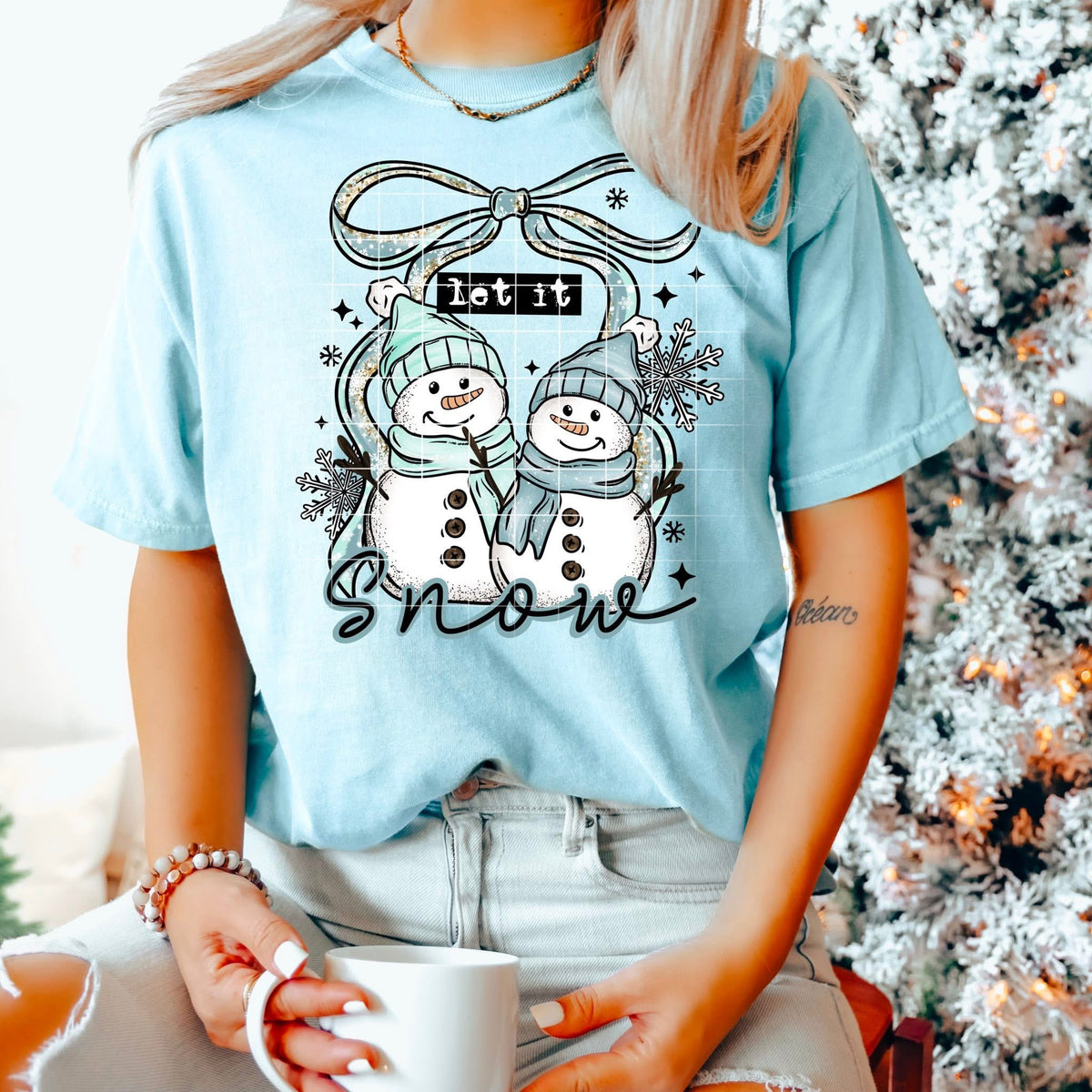 Let it Snow Snowmen with bow mint and blue (CSC) DTF Transfer