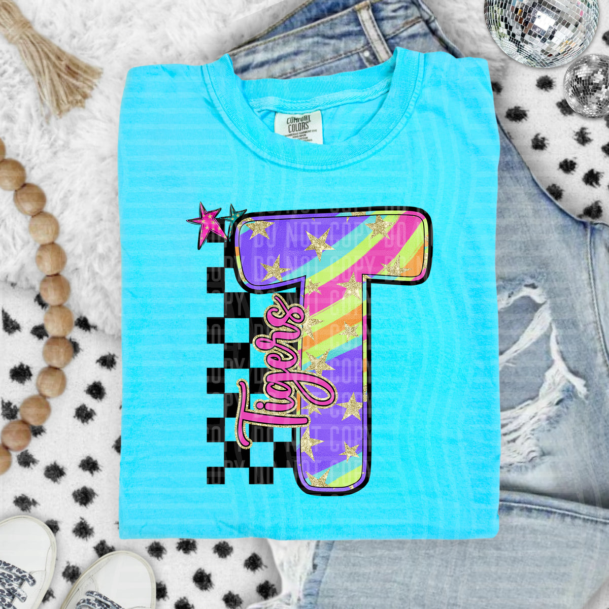 Tigers Colorful Retro Rainbow Letter T With Stars And Checker 108157 DTF transfer