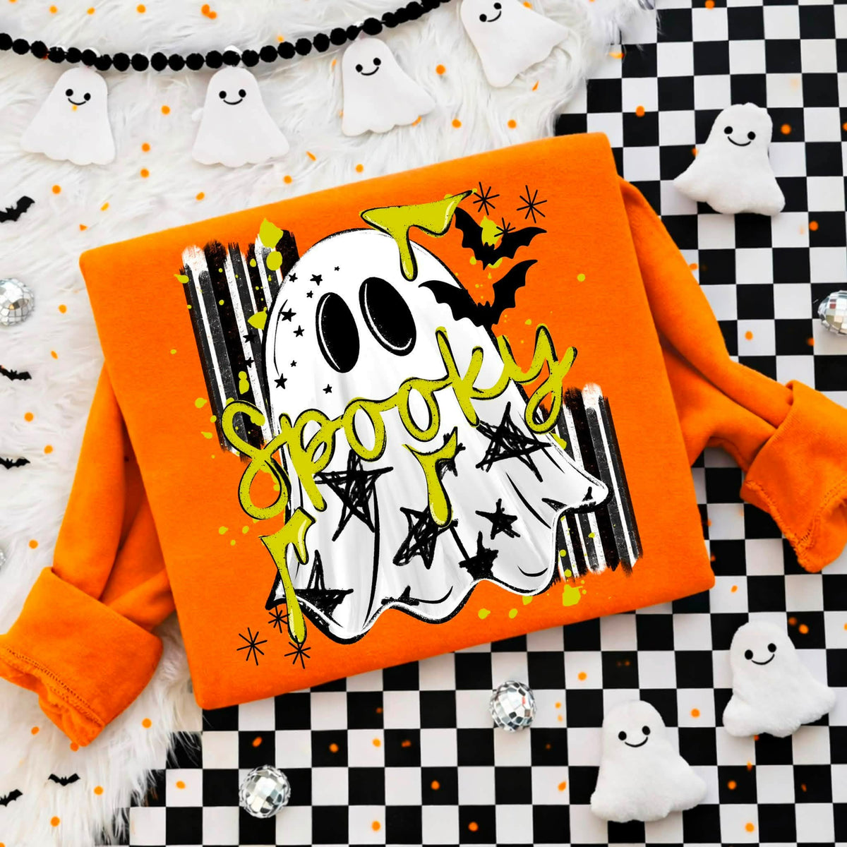 Spooky ghost stars black stripe background  (CSC) Sunday Special DTF transfer
