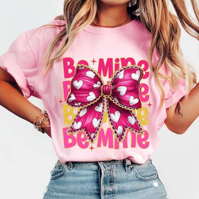Be mine stacked with pink bow white hearts 77706 DTF transfer