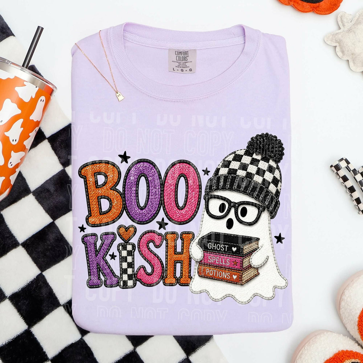 Bookish orange purple pink lettering ghost checkered hat books stacked Tuesday Deal DTF