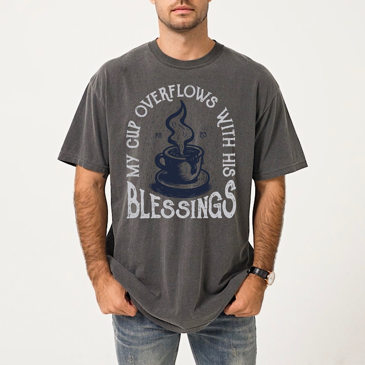 My cup overflows with his blessings (navy and white) DTF Transfer